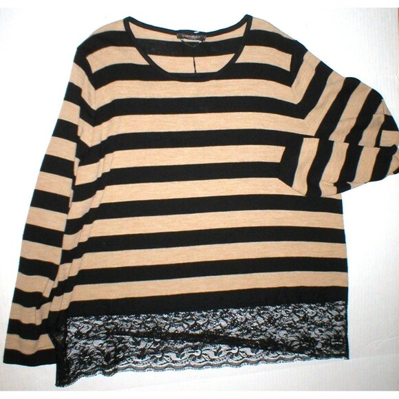 New NWT Womens Max Mara Marina Rinaldi Sweater L Black Tan Lace Italy Wool Strip - Picture 3 of 9